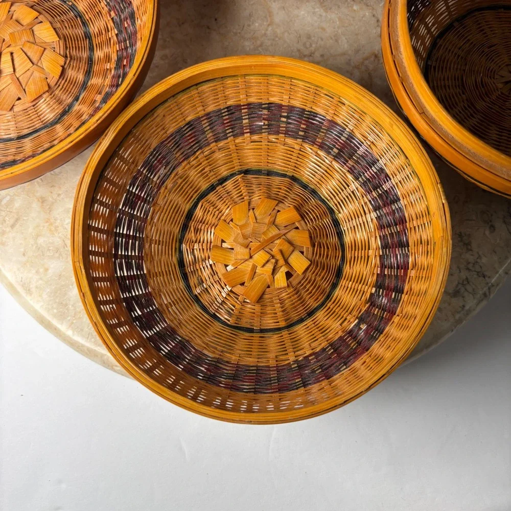 2 Vintage Hand Woven Nesting Baskets Brown Woven Boho Circular Stackable